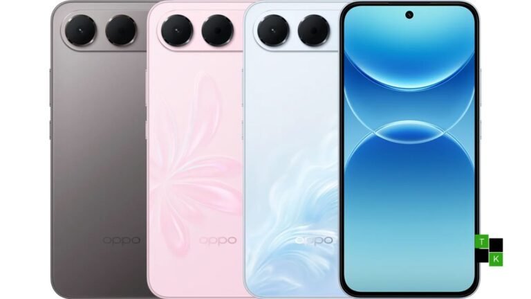 The OPPO A7 Pro smartphone in Riding the Waves light blue finish with a ripple texture resting near splashing water.