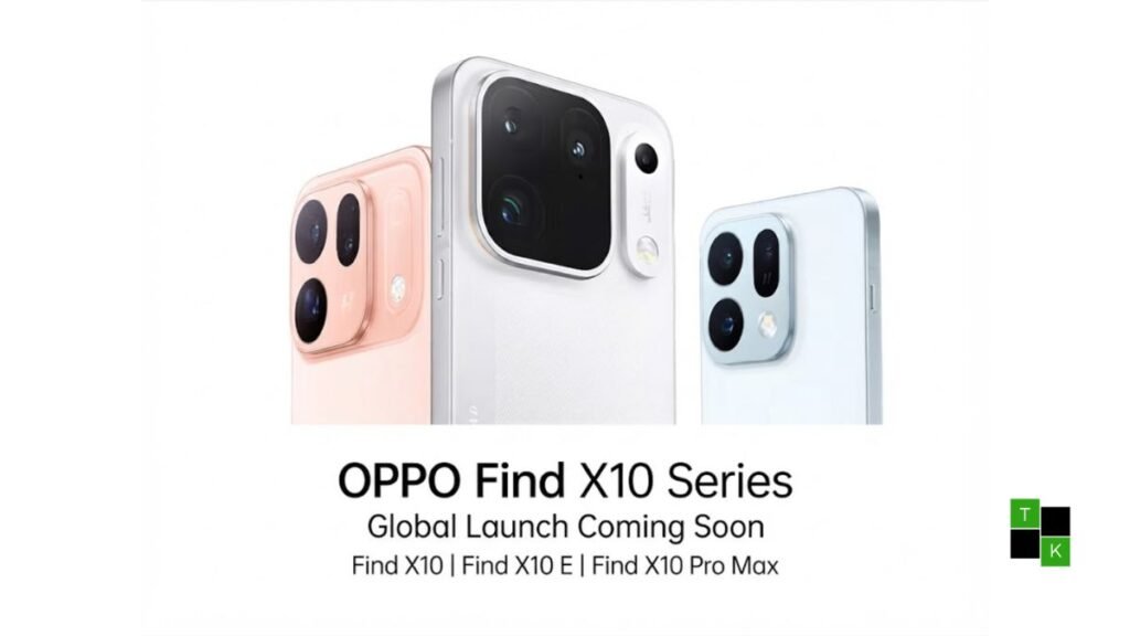 The Oppo Find X10 global edition smartphone showing its rear dual 200MP camera housing and Geekbench benchmark scores on the front screen.