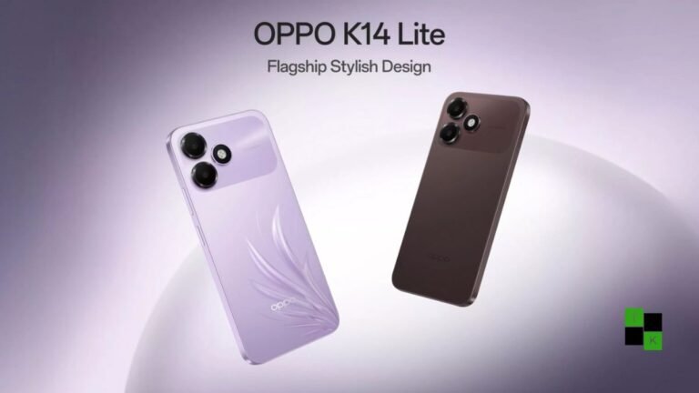 The Oppo K14 Lite smartphone in Feather Purple and Stone Brown displaying its horizontal camera Deco and large 120Hz screen.