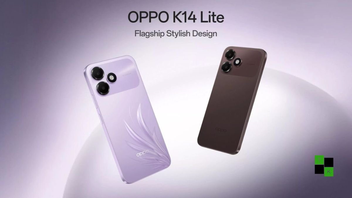 The Oppo K14 Lite smartphone in Feather Purple and Stone Brown displaying its horizontal camera Deco and large 120Hz screen.