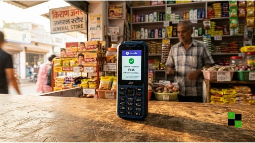 A classic physical keypad feature phone displaying the PhonePe UPI payment confirmation screen on a wooden retail counter.