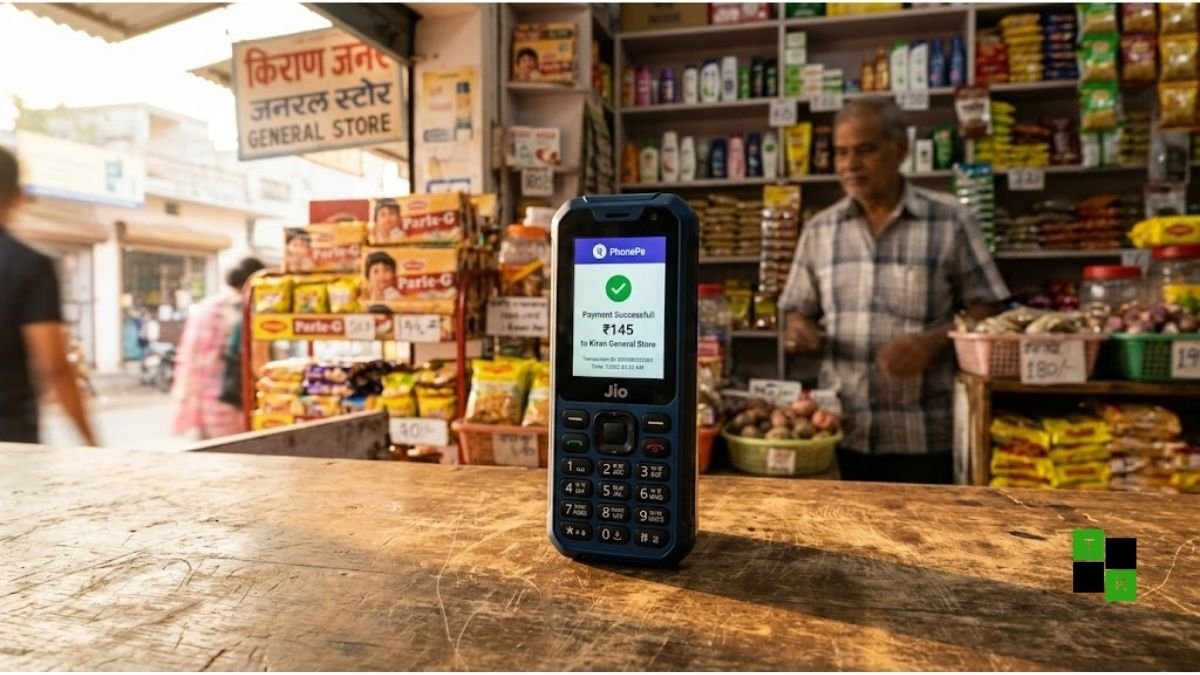 A classic physical keypad feature phone displaying the PhonePe UPI payment confirmation screen on a wooden retail counter.