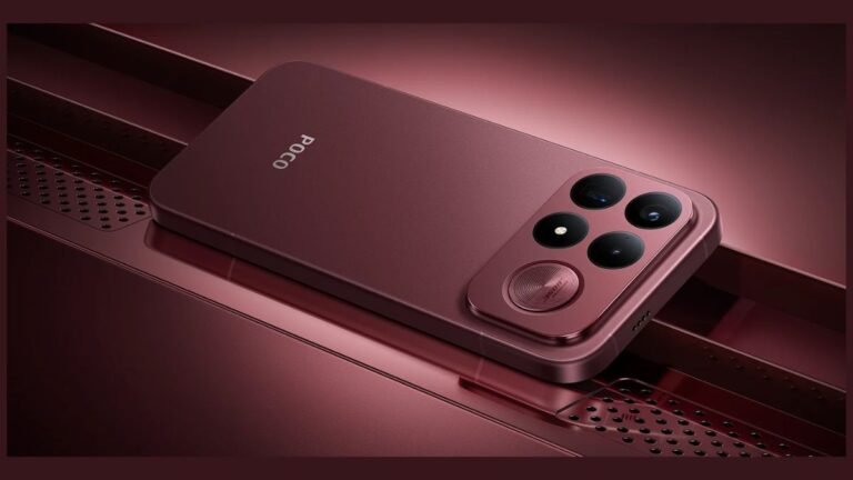 The POCO F9 Ultra smartphone in Dark Cherry finish resting on a dark surface showcasing its rear camera island and Bose audio subwoofer grille.
