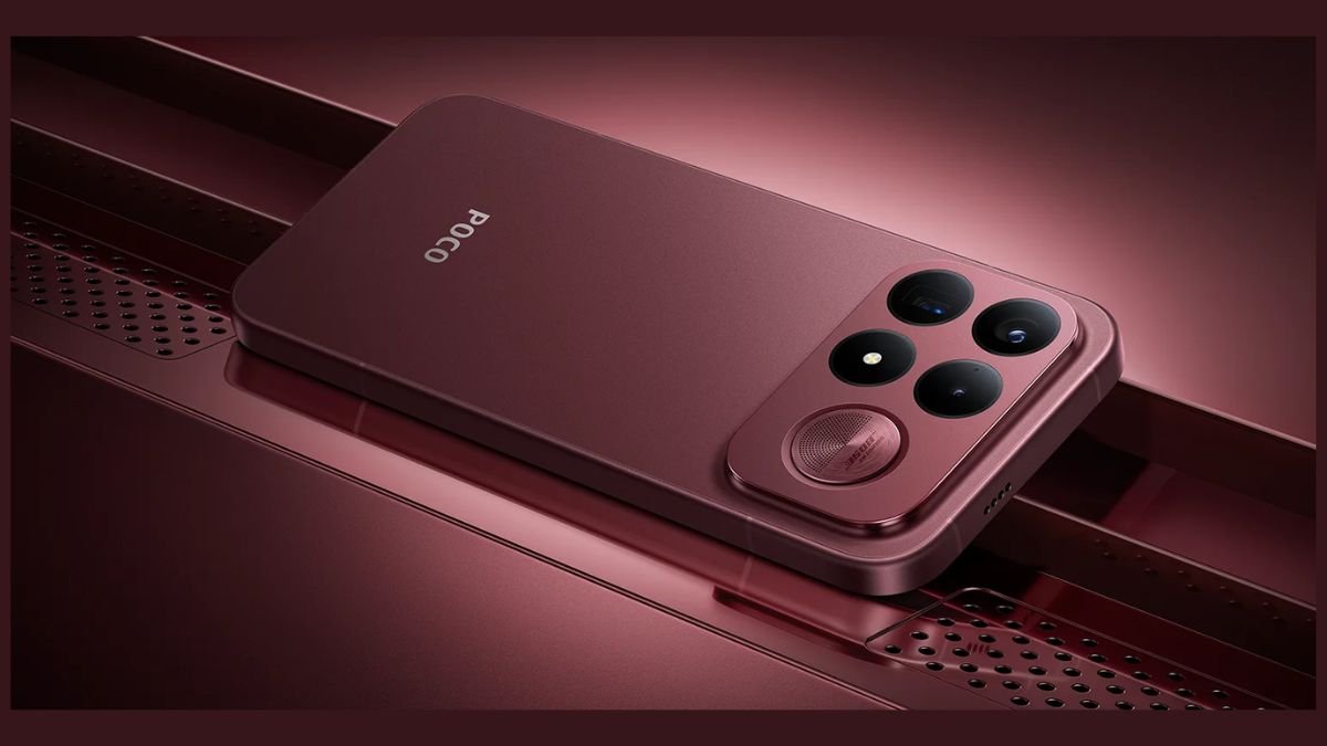 The POCO F9 Ultra smartphone in Dark Cherry finish resting on a dark surface showcasing its rear camera island and Bose audio subwoofer grille.