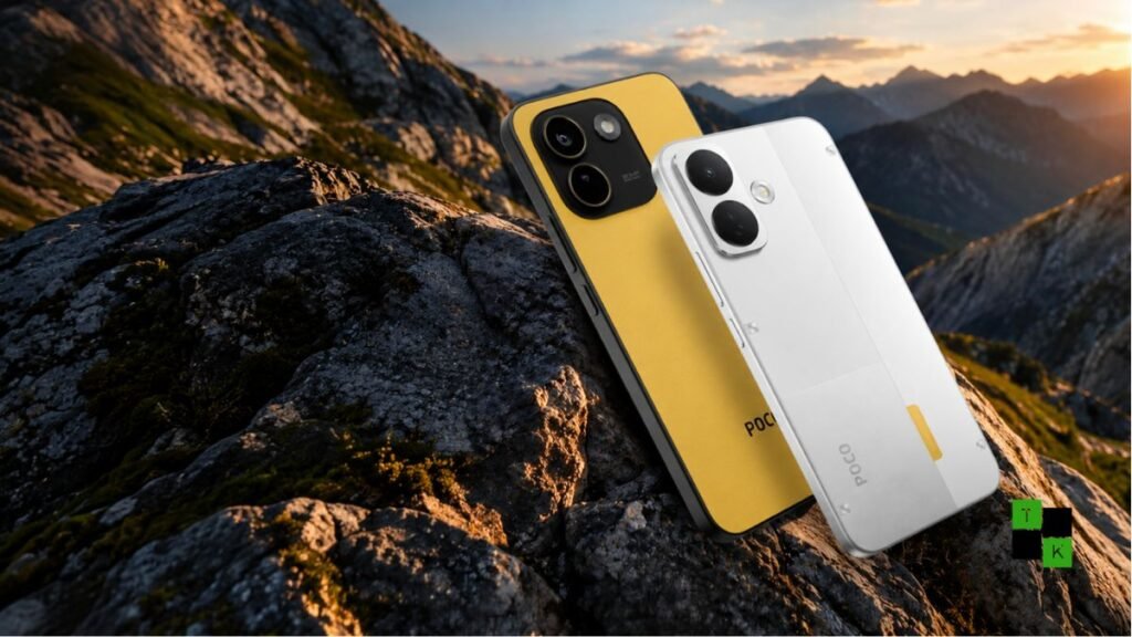 The POCO X8 smartphone in a dual-tone yellow and matte black finish resting on a wet slate surface highlighting its IP69K rating.