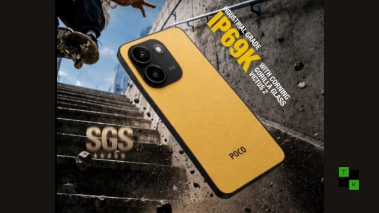 The POCO X8 Power 5G smartphone in a rugged yellow and black finish with water droplets highlighting its IP69K rating.