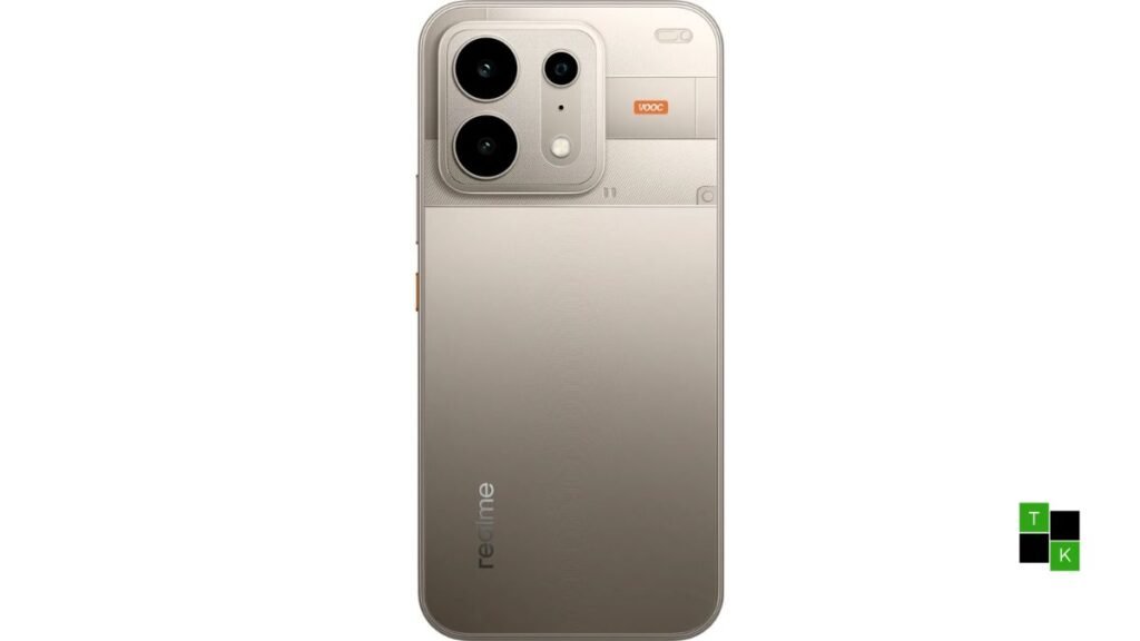The Realme P4s 5G smartphone in Electric Cyan with exposed mechanical rear accents resting next to its 80W charging brick.