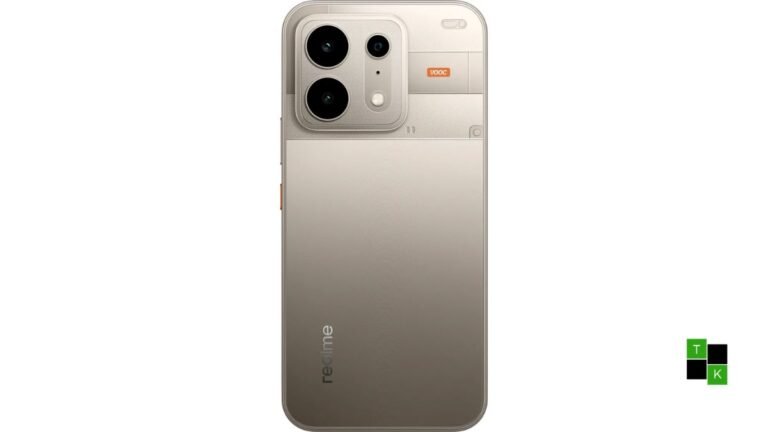 The Realme P4s 5G smartphone in Electric Cyan with exposed mechanical rear accents resting next to its 80W charging brick.