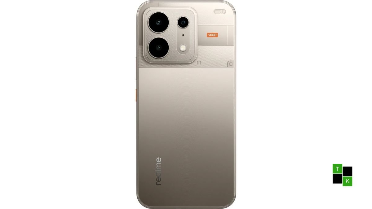 The Realme P4s 5G smartphone in Electric Cyan with exposed mechanical rear accents resting next to its 80W charging brick.