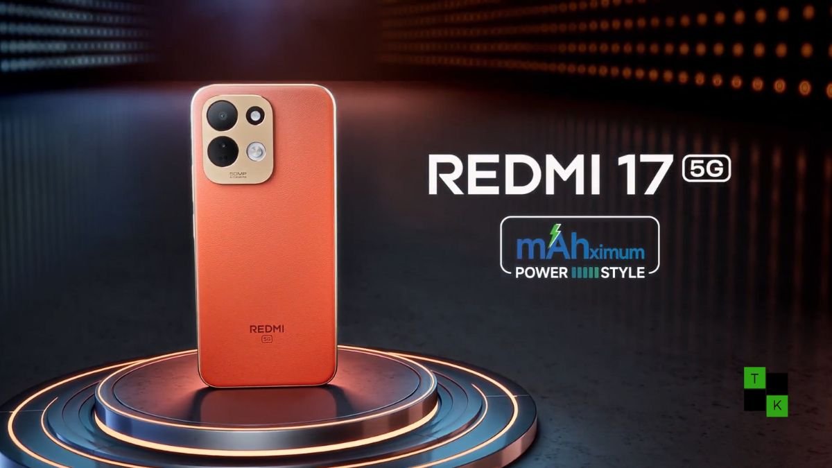 The Redmi 17 5G smartphone in Eternal Orange and Endless Blue finishes showcasing its large display and 50MP camera module.