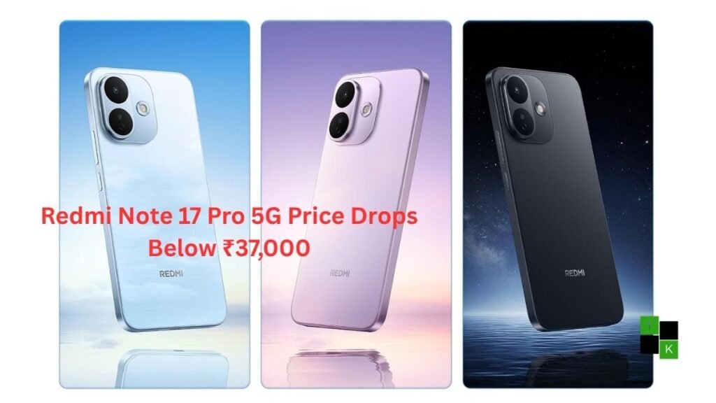 The Redmi Note 17 Pro 5G smartphone in Sky Blue resting on a table beside an Amazon Great Indian Festival promotional badge.