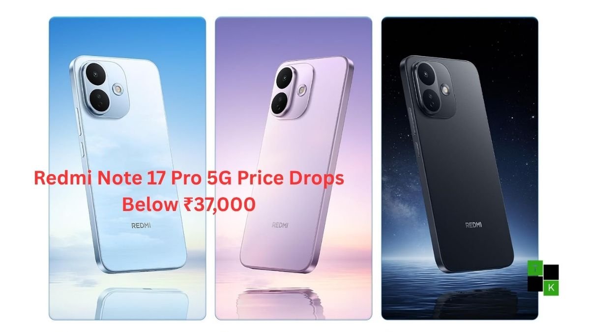 The Redmi Note 17 Pro 5G smartphone in Sky Blue resting on a table beside an Amazon Great Indian Festival promotional badge.