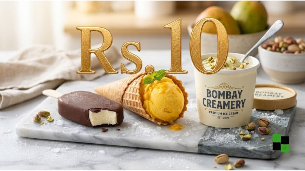 A vibrant display of Bombay Creamery ice cream cones, chocolate bars, and colorful tubs on an icy refrigerated retail counter.
