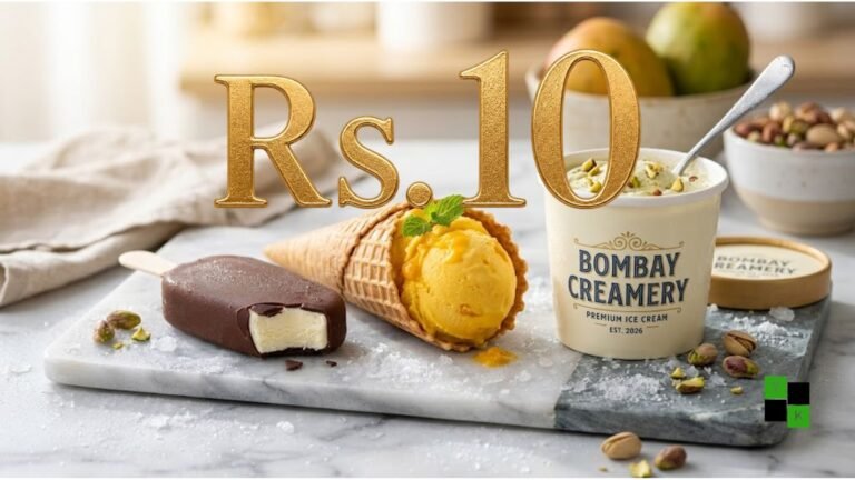A vibrant display of Bombay Creamery ice cream cones, chocolate bars, and colorful tubs on an icy refrigerated retail counter.
