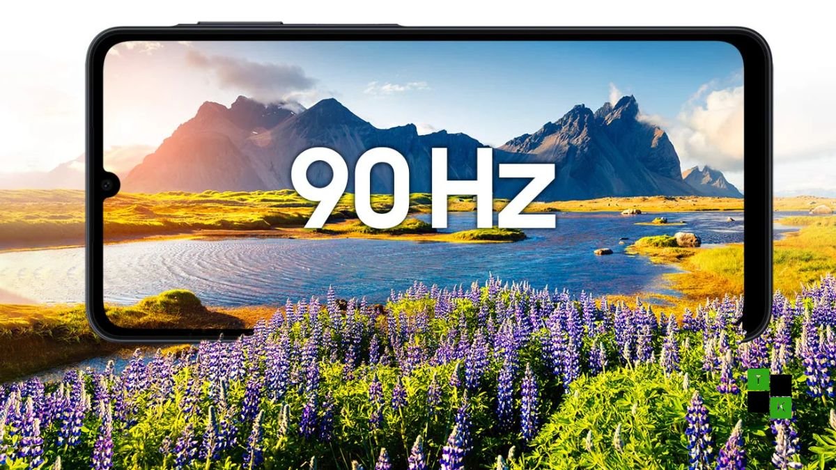 The Samsung Galaxy A07s smartphone shown in Light Violet, Green, and Black finishes beside its 6.7-inch 90Hz display.