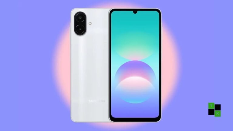 The Samsung Galaxy A08 4G smartphone in Silver resting beside its retail box displaying its 6.7-inch screen and 6,000mAh battery highlights.