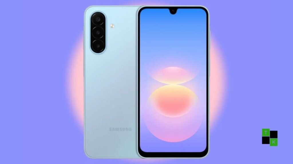 The Samsung Galaxy A18 4G smartphone in Light Blue, Gray, and Black showing its clean triple rear camera design.
