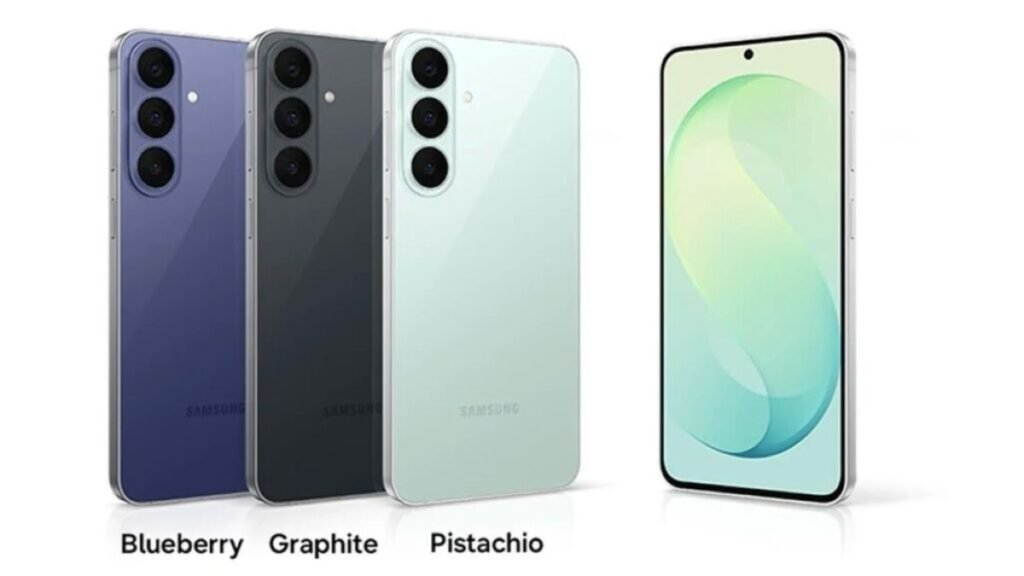 The Samsung Galaxy S26 FE smartphone in Pistachio Green with a triple rear camera module resting beside its retail box.