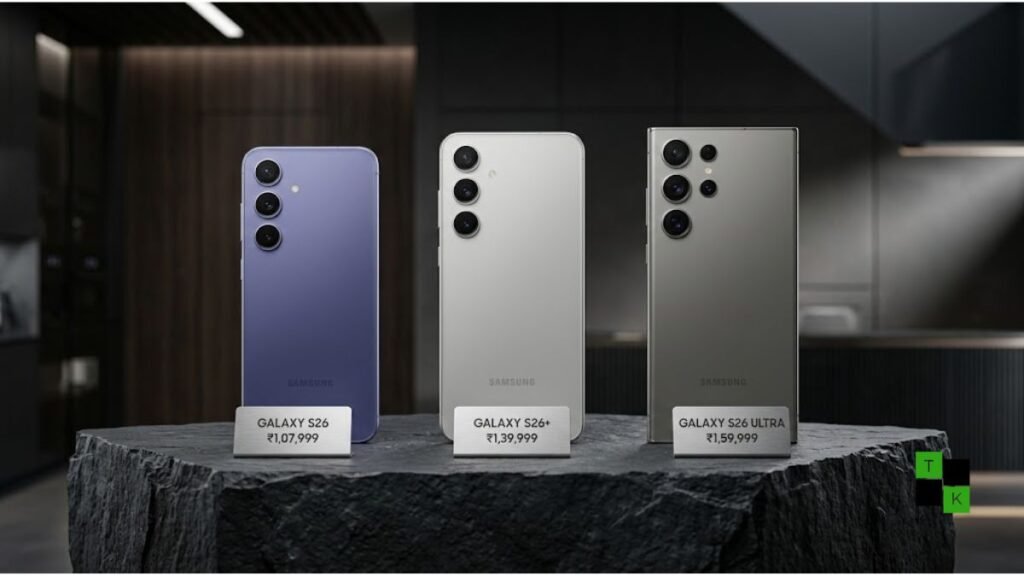 The Samsung Galaxy S26, S26 Plus, and S26 Ultra resting on a tech retail display showing revised price cards in Indian Rupees.