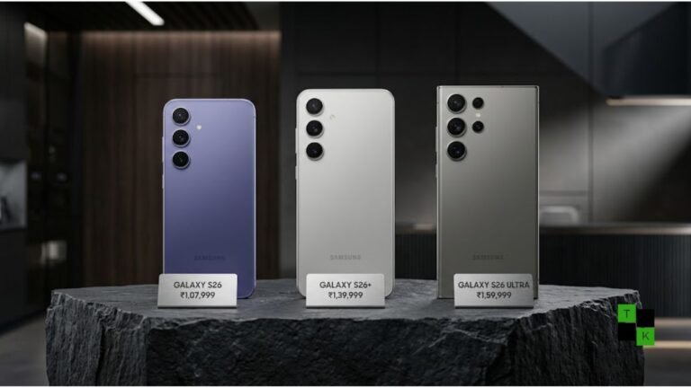 The Samsung Galaxy S26, S26 Plus, and S26 Ultra resting on a tech retail display showing revised price cards in Indian Rupees.