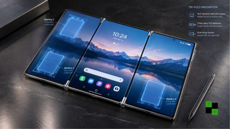 A 3D architectural rendering of the Samsung Galaxy Z TriFold2 unfolding to display its 10.5-inch screen and internal battery components.
