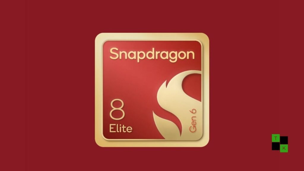 A modern workspace with an editing laptop showing the Snapdragon 8 Elite Extreme Gen 6 processor interface and complex 5.0GHz Oryon CPU clock details.
