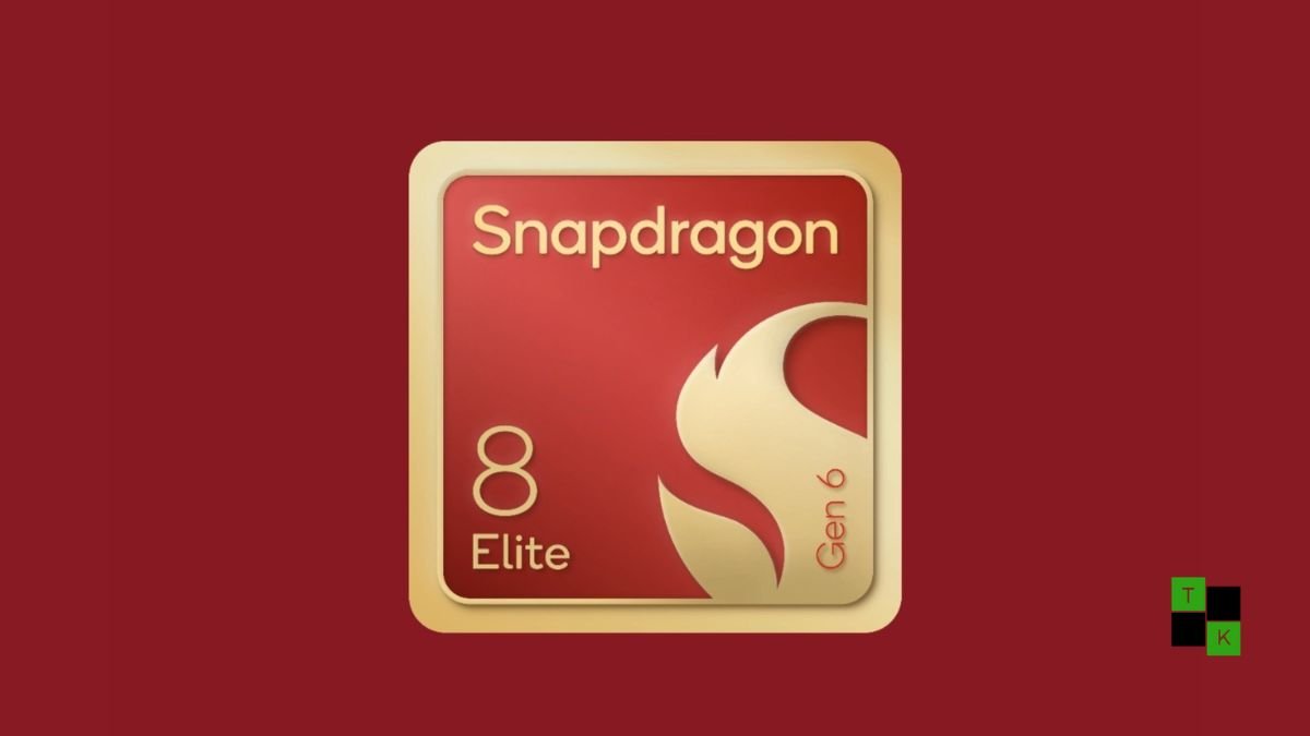 A modern workspace with an editing laptop showing the Snapdragon 8 Elite Extreme Gen 6 processor interface and complex 5.0GHz Oryon CPU clock details.
