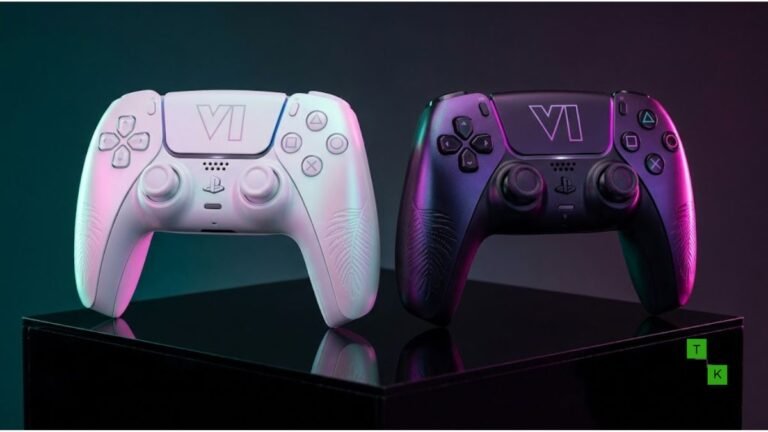 Two limited-edition Sony PS5 DualSense controllers in Vice City Daybreak White and Nightlife Black resting on a dark reflective pedestal.