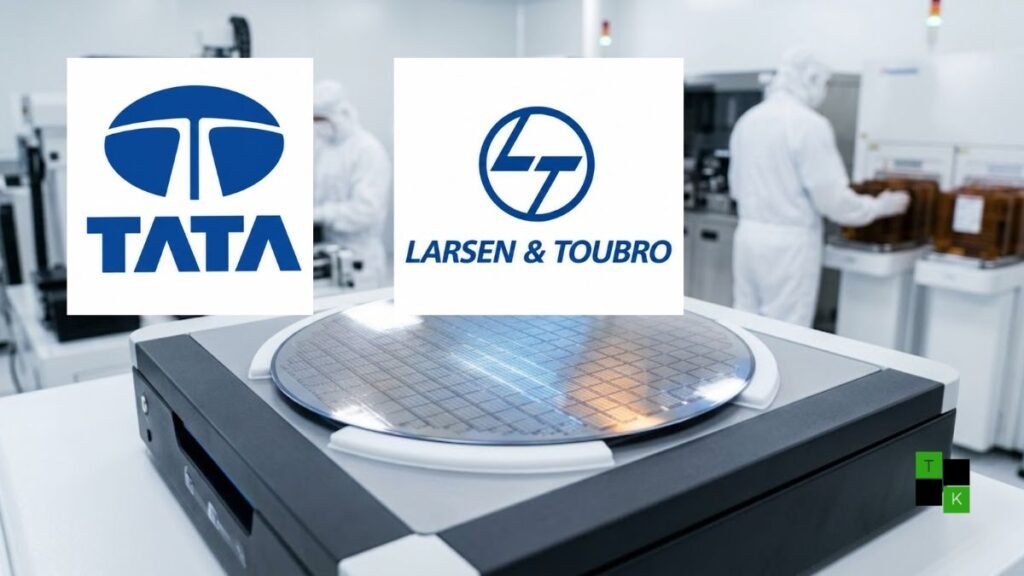 A high-tech silicon wafer reflecting ambient lighting next to circuit board schematics symbolizing India's semiconductor alliance.