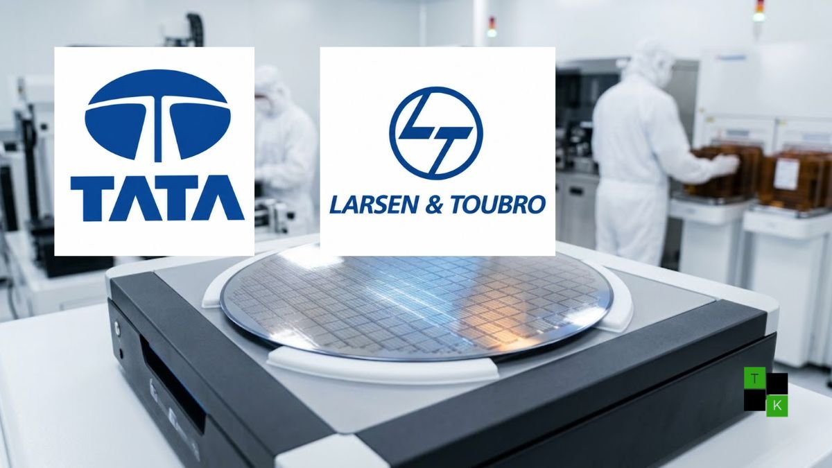 A high-tech silicon wafer reflecting ambient lighting next to circuit board schematics symbolizing India's semiconductor alliance.