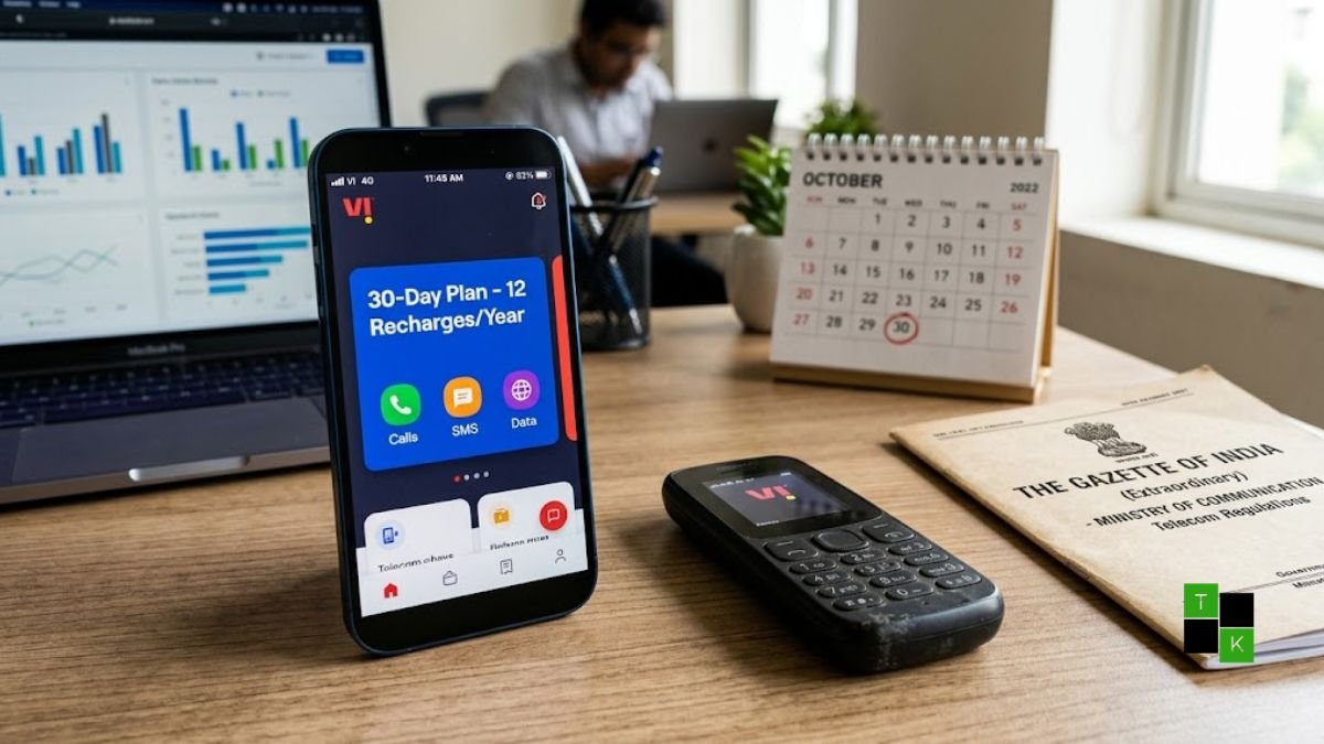 A modern smartphone resting on a desk displaying an Indian telecom recharge portal with a 30-day validity plan badge and a feature phone beside it.