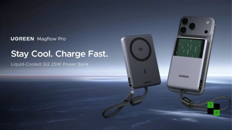 The UGREEN MagFlow Pro power bank magnetically attached to an iPhone showing its transparent liquid-cooling chamber and digital screen.