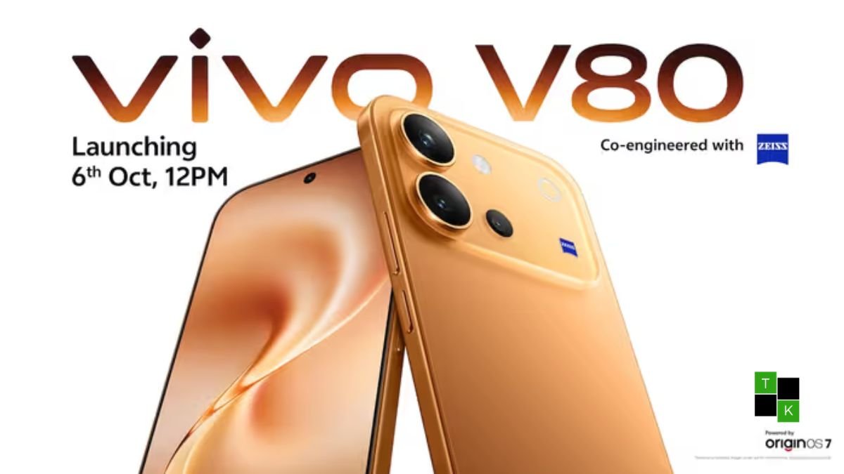 The Vivo V80 smartphone in Sunrise Anthem gold showing its flat 144Hz OLED display and ZEISS triple camera module.