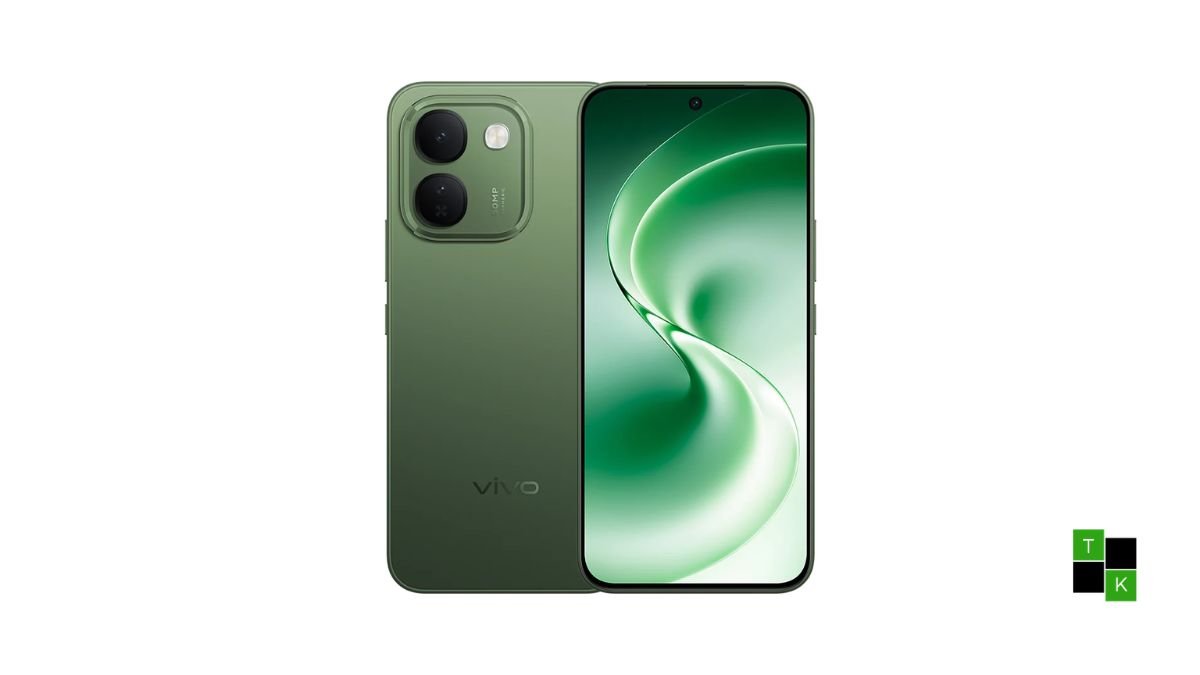 The Vivo V80 Lite 5G smartphone in Sapphire Blue resting on a wet reflective surface showcasing its curved display and horizontal Skyline Camera design.