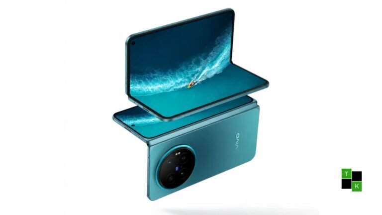 The Vivo X Fold 6 foldable phone in Nebula Teal half-folded on a desk showing its inner LTPO OLED display and ZEISS camera Deco.