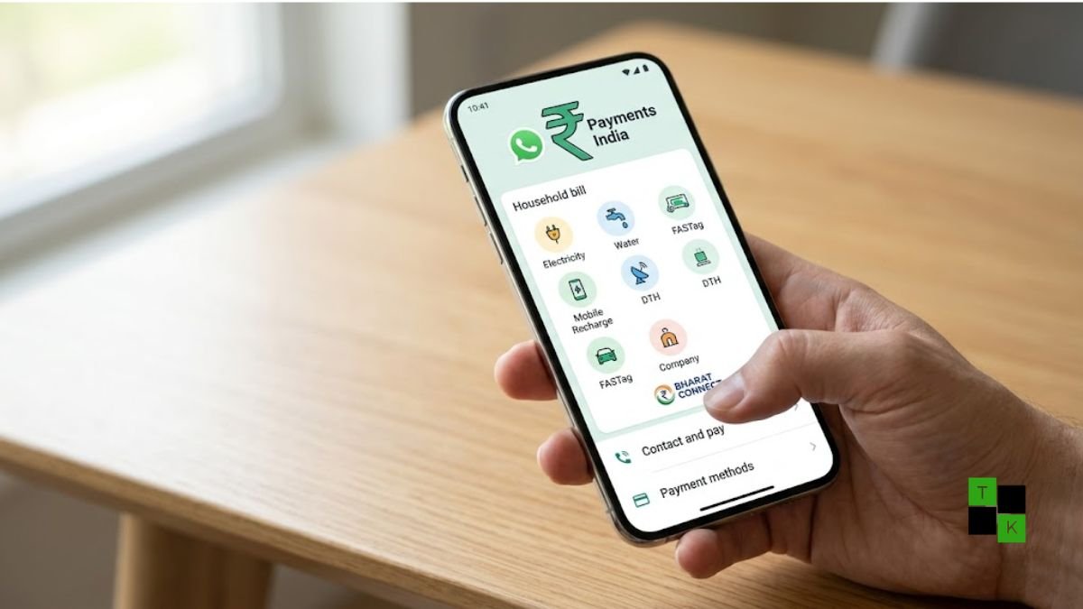 A modern smartphone displaying the WhatsApp Payments dashboard with electricity, FASTag, and gas bill icons.