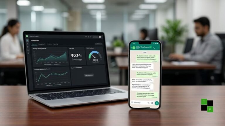 A modern smartphone displaying an enterprise WhatsApp Business chat window beside an invoice analytics dashboard showing per-message cost calculations.