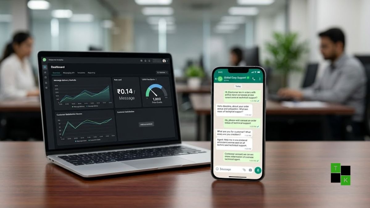 A modern smartphone displaying an enterprise WhatsApp Business chat window beside an invoice analytics dashboard showing per-message cost calculations.