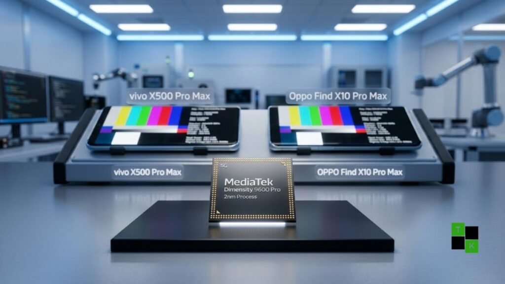 MediaTek Dimensity 9600 Pro 2nm mobile processor highlighted on a high-tech circuit board alongside upcoming flagship smartphones.