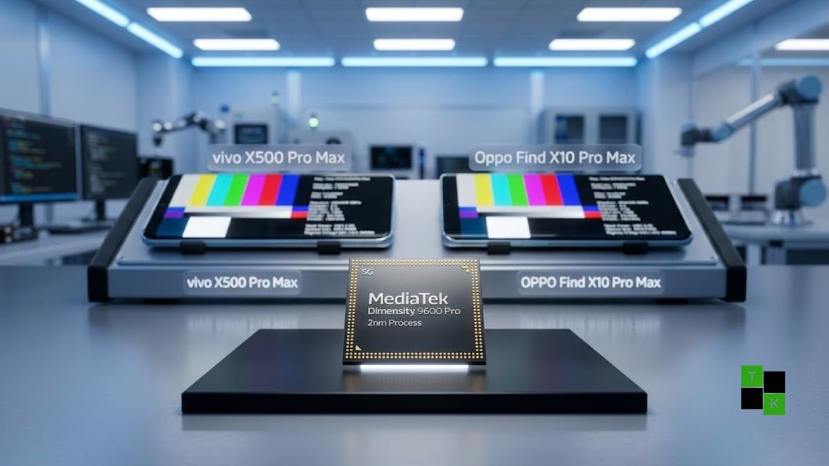 MediaTek Dimensity 9600 Pro 2nm mobile processor highlighted on a high-tech circuit board alongside upcoming flagship smartphones.