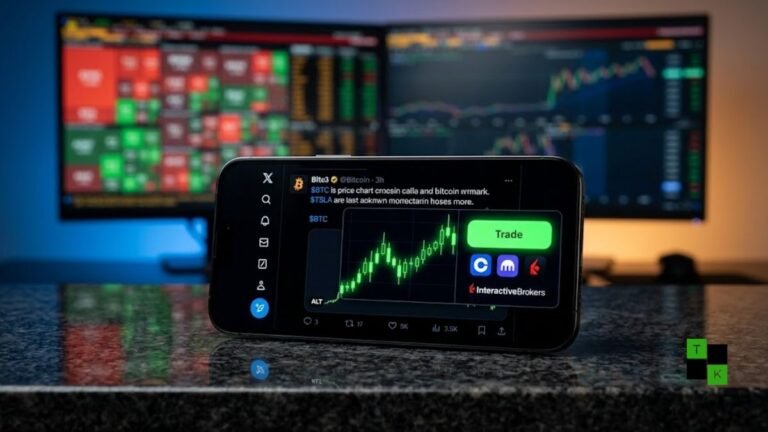 An iPhone displaying the X application with a financial Cashtag opening a live crypto trading chart and Trade button.