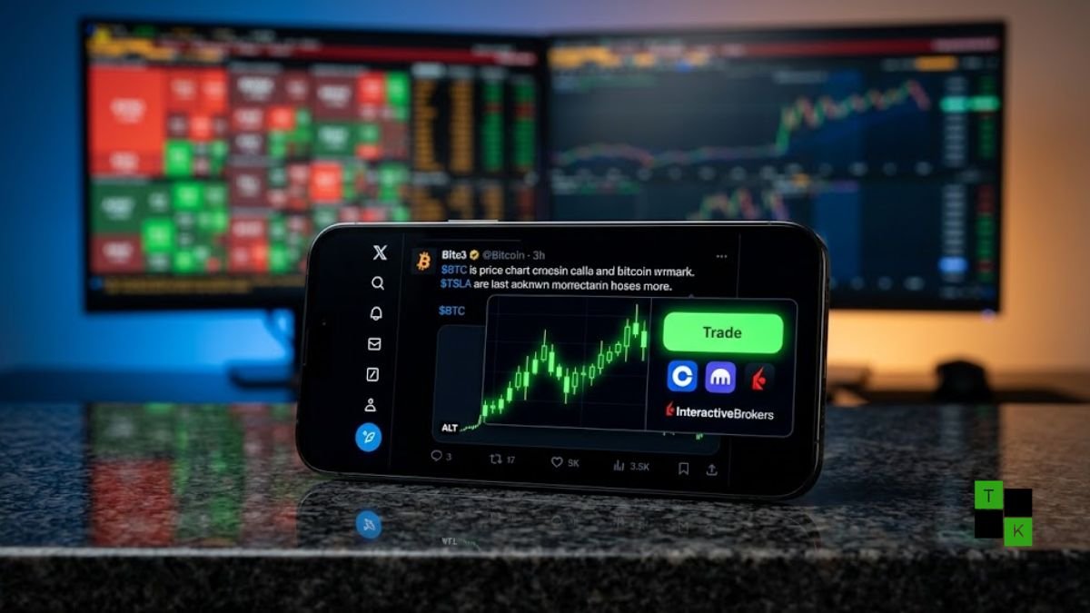 An iPhone displaying the X application with a financial Cashtag opening a live crypto trading chart and Trade button.