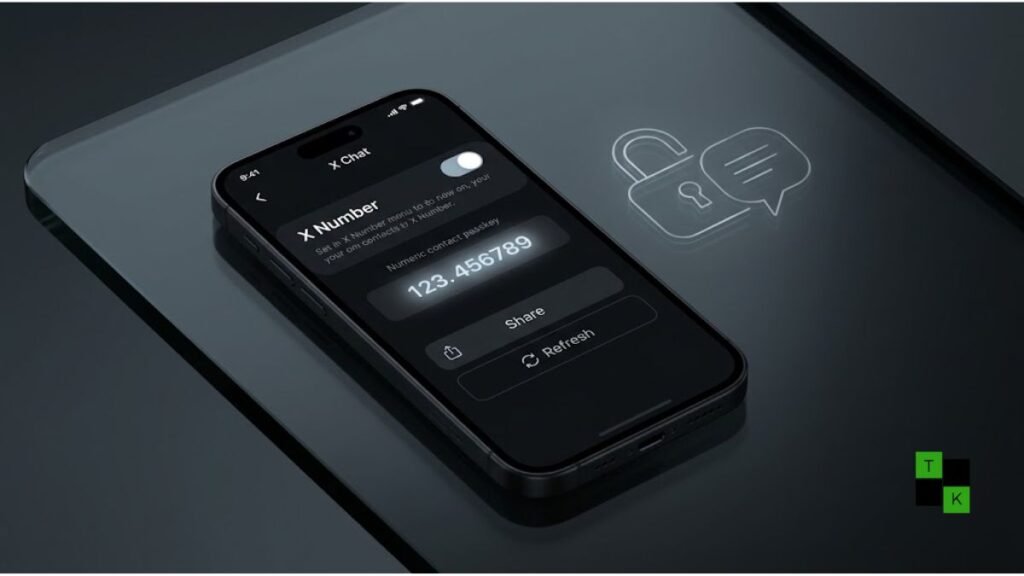 A modern smartphone displaying the X Numbers interface inside the X Chat application with an active contact passkey.