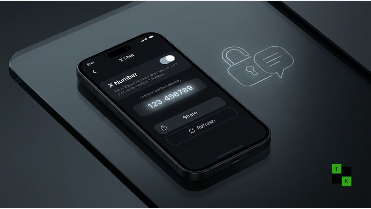 A modern smartphone displaying the X Numbers interface inside the X Chat application with an active contact passkey.