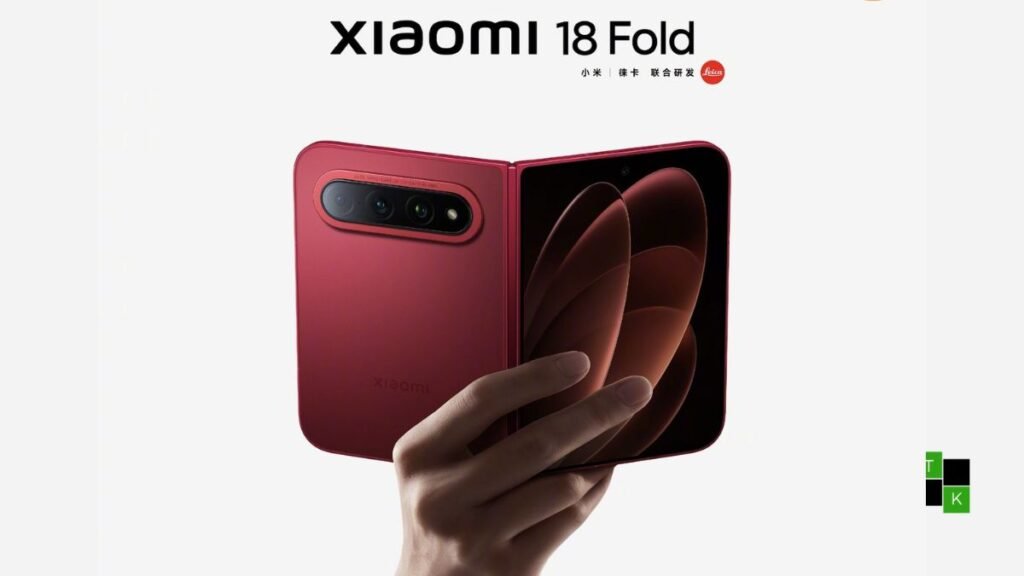 The Xiaomi 18 Fold smartphone in Nishino Red partially folded beside an open model showing its 7.58-inch internal display.