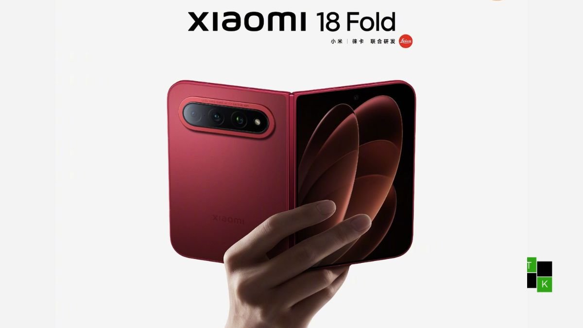 The Xiaomi 18 Fold smartphone in Nishino Red partially folded beside an open model showing its 7.58-inch internal display.