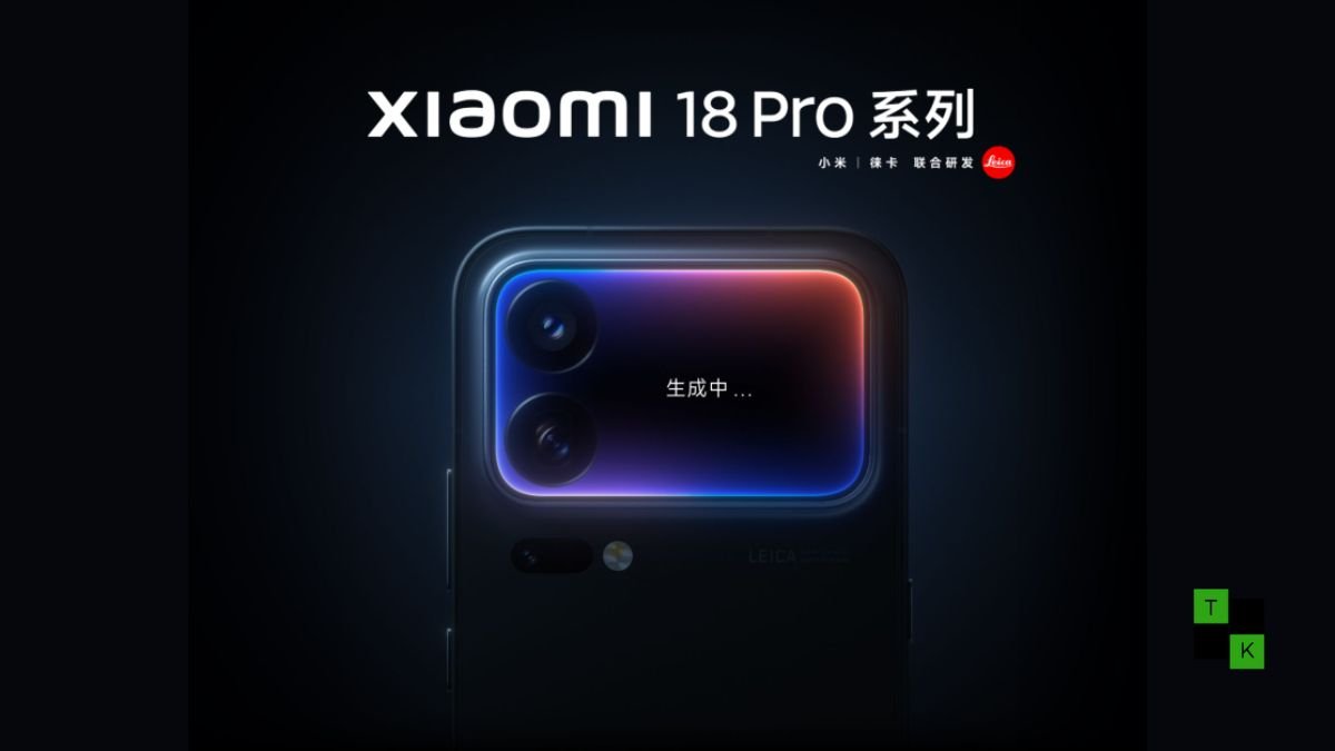 Conceptual product shot of the Xiaomi 18 Pro and 18 Pro Max lying elegantly angled on a polished modern desk environment.