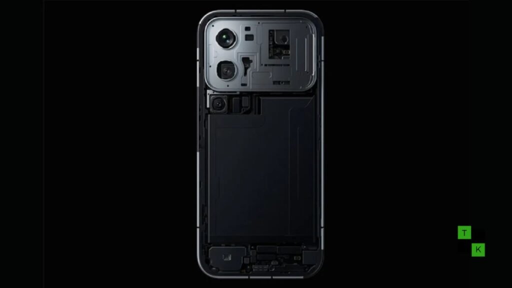 A modern Xiaomi 18 Pro flagship smartphone showing its large camera island with an integrated 4-inch color OLED rear display.