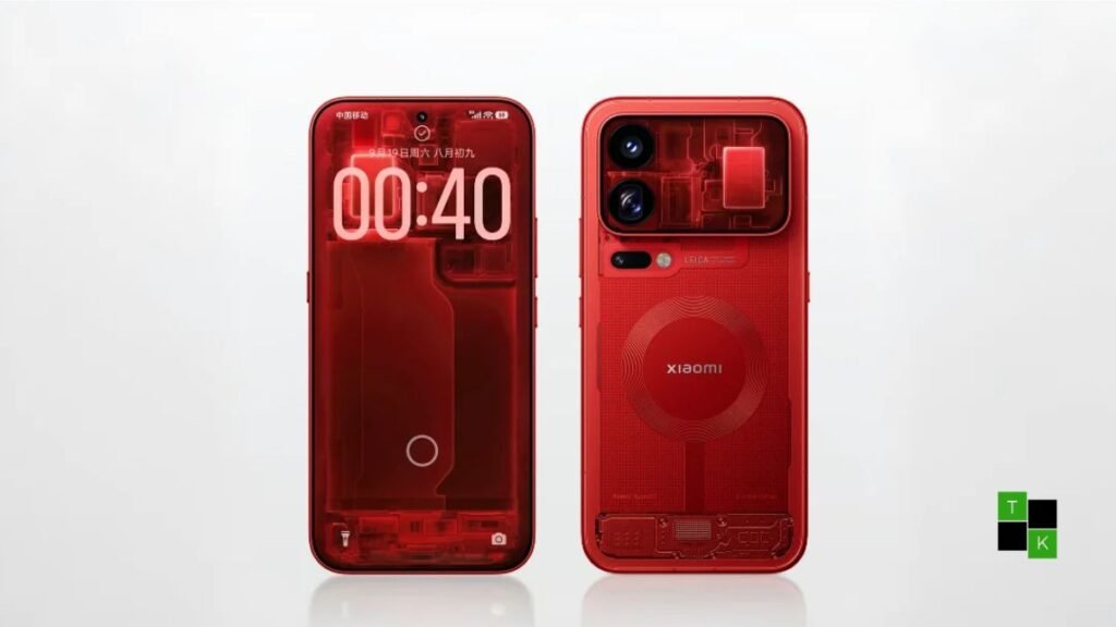 The Xiaomi 18 Pro Transparent Special Edition smartphone showing its red translucent glass rear shell and circular cooling architecture.