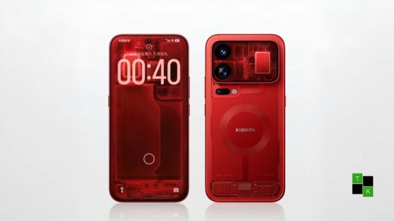 The Xiaomi 18 Pro Transparent Special Edition smartphone showing its red translucent glass rear shell and circular cooling architecture.
